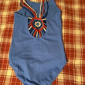 Blue Striped Swimsuit with Crochet Detail